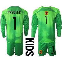 Fotbalové Dres Holandsko Remko Pasveer #1 Brankářské Dětské Domácí MS 2022 Dlouhý Rukáv (+ trenýrky)